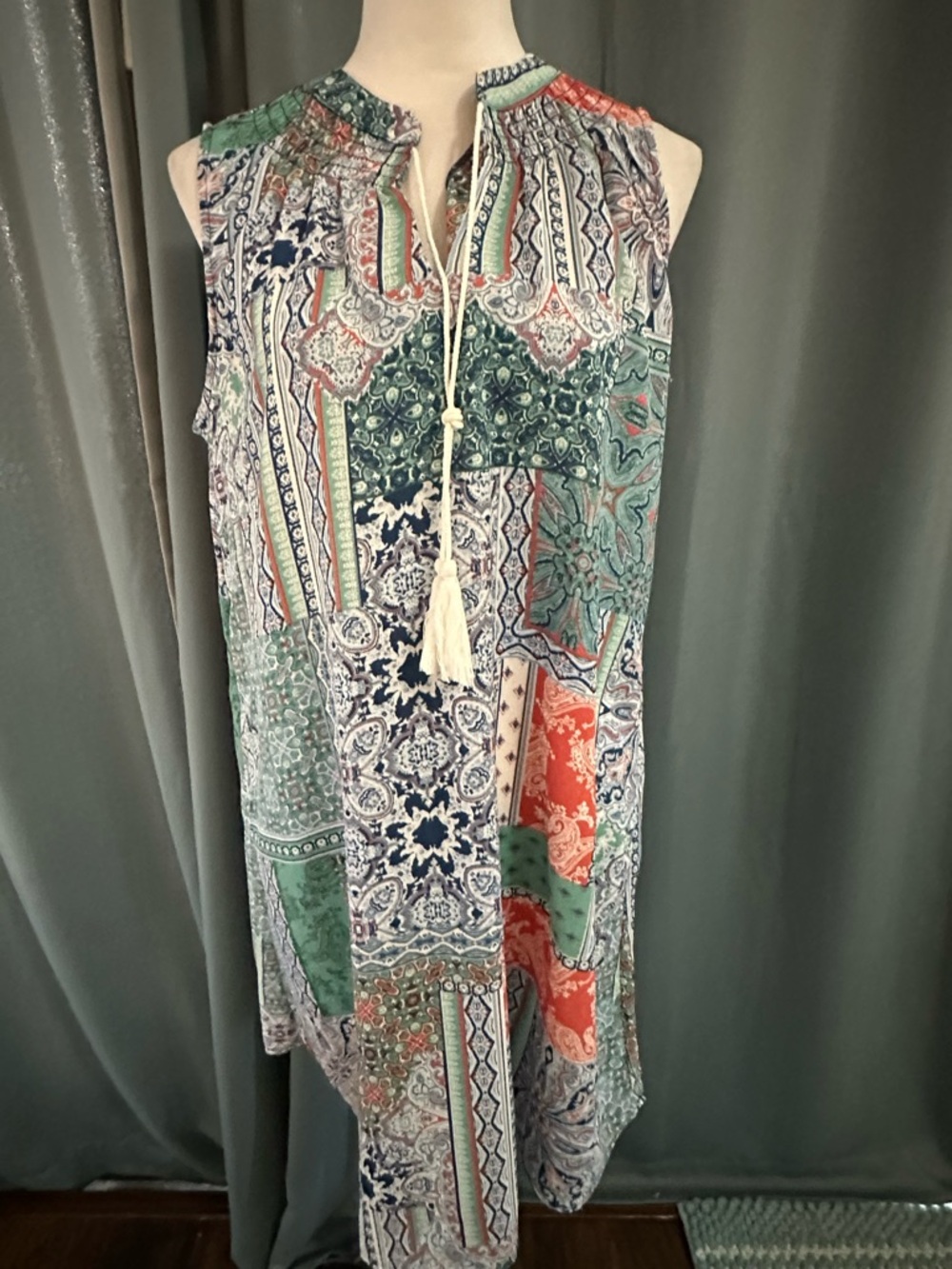 CURE Sleeveless Boho Patchwork Paisley Tassel Tie Neck Blouse Top Large